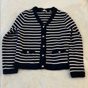 Tahari Navy and White Striped Cardigan
